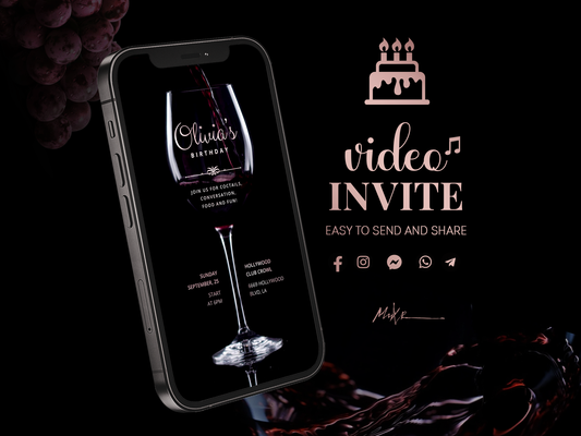 Burgundy BIRTHDAY Video INVITATION. Red Wine. Elegant Black and Rose Gold.