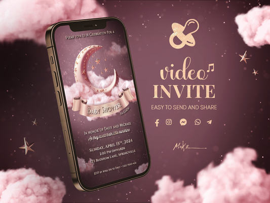 Baby Shower Video Invitation: Pink Moon & Clouds Themed Invite for Your Little Girl's Celebration!