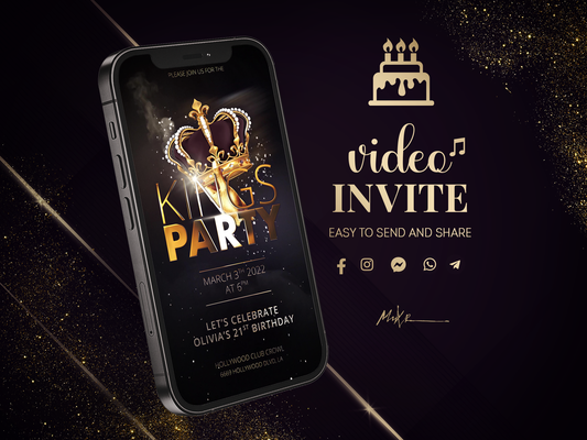 Brilliant VIDEO INVITATION: Majesty of the Black Gold Royal Party with Crowns, Sparkles, and Smoke Effects!