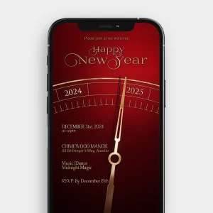 Deep Red New Year's Eve Clock | Elegant Video Invitation with Timeless Chimes & Gold Accents