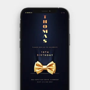 Golden Bow Tie Tuxedo Video Invitation | Elegant Birthday Celebration for Men