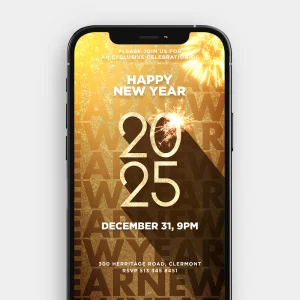 Gold Glitter New Year’s Eve | Dynamic Video Invitation with Kinetic Animation & Fireworks