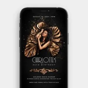 Gilded Tropics in Dark Luxury | Birthday Video Invitation with Personal Photo