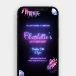 Electric Birthday Invite Neon Leaves, Disco Vibes, Tropical Energy