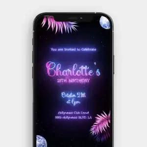 Electric Birthday Invite Neon Leaves, Disco Vibes, Tropical Energy