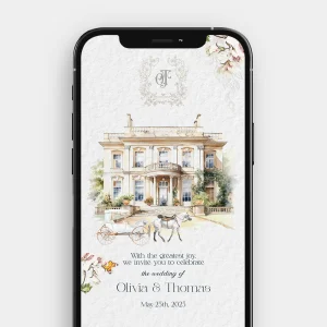 A still image from the animated wedding invitation, showing a serene watercolor garden scene with hand-painted figures and blush pink and green floral accents.