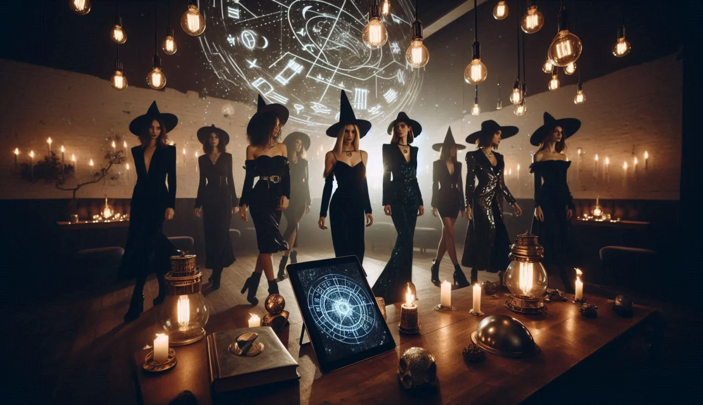 A cinematic shot of a modern Witches' Night party in a moody, luxurious loft