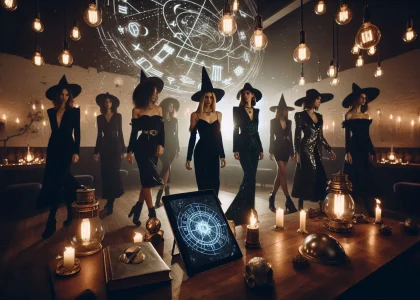 A cinematic shot of a modern Witches' Night party in a moody, luxurious loft