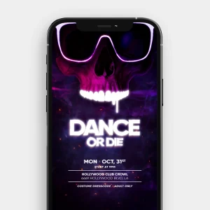 A still image from the "Dance or Die" video invitation featuring a neon-glowing skull with sunglasses on a dark, club-like background.