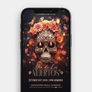 A still image from a Día de los Muertos video invitation featuring a gold sugar skull and colorful flowers.