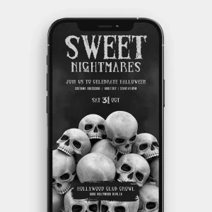 A still image from the "Sweet Nightmares" video invitation featuring a high-contrast pile of skulls with a vintage texture.
