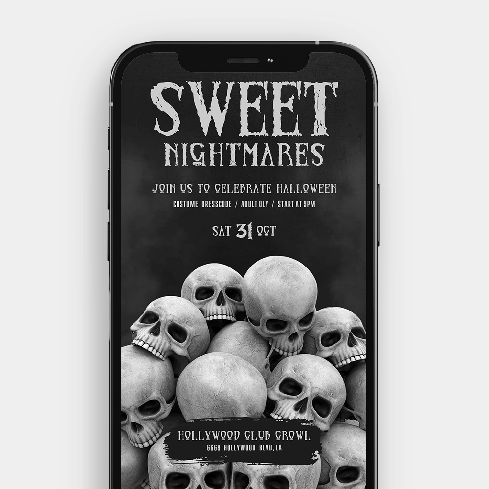 A still image from the "Sweet Nightmares" video invitation featuring a high-contrast pile of skulls with a vintage texture.