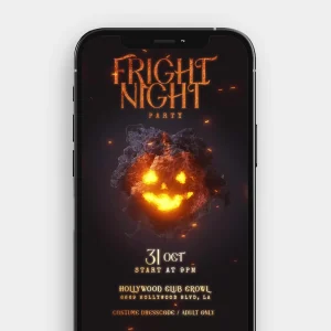 A still image from the "Fright Night Party" video invitation featuring a glowing jack-o'-lantern surrounded by smoke and embers.