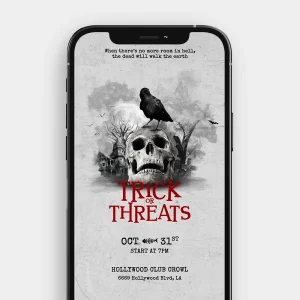 A still image from the "Trick or Threats" video invitation featuring a monochrome skull, a crow, and a haunted mansion.