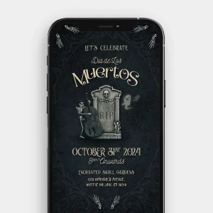 A still image from the "Graveyard Serenade" video invitation featuring a skeleton playing a bass in a haunted cemetery.