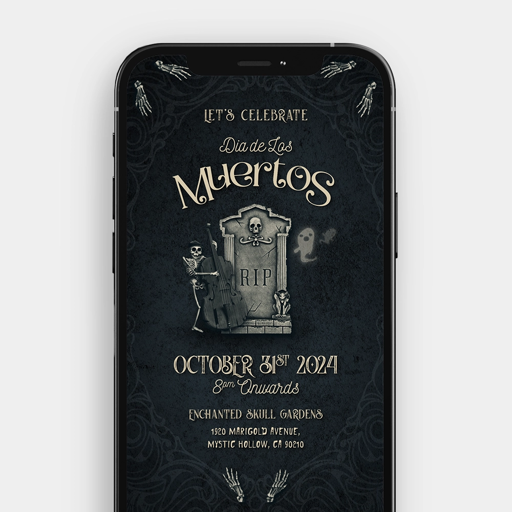 A still image from the "Graveyard Serenade" video invitation featuring a skeleton playing a bass in a haunted cemetery.