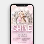 A still image from the "Time to Shine" video invitation, showing a person's photo framed by a delicate floral wreath and a shimmering sunburst.