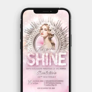 A still image from the "Time to Shine" video invitation, showing a person's photo framed by a delicate floral wreath and a shimmering sunburst.