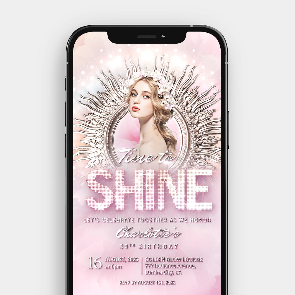 A still image from the "Time to Shine" video invitation, showing a person's photo framed by a delicate floral wreath and a shimmering sunburst.