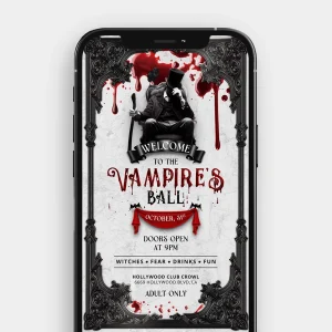 A still image from "The Vampire's Ball" video invitation featuring an elegant vampire figure and a blood-red splash.