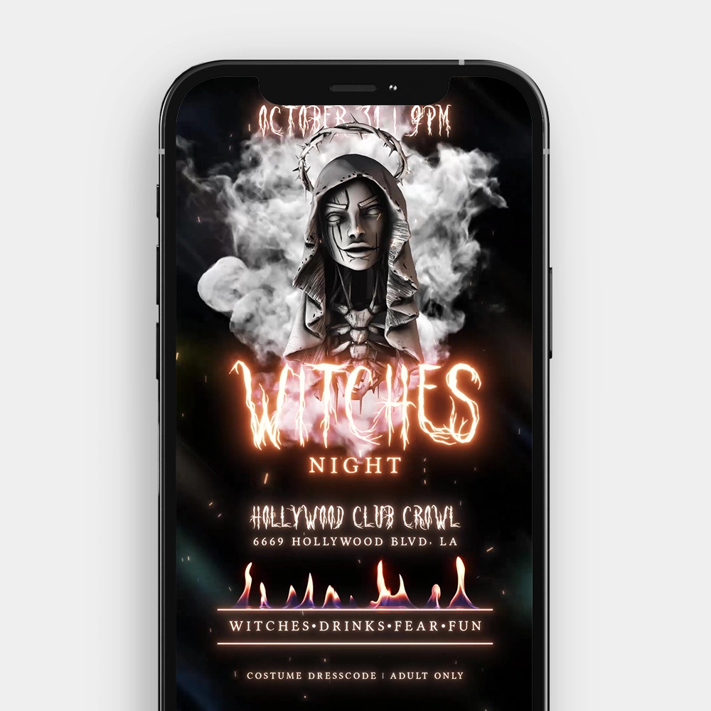 A still image from the "Witches Night" video invitation featuring a stylized skeletal witch figure in a cloud of smoke.