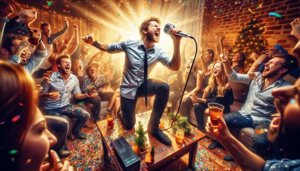 A guest at a Rockstar Santa party unleashes an epic air guitar solo during a passionate karaoke performance. The crowd around them is laughing and cheering, holding cocktail glasses, fully immersed in the fun.