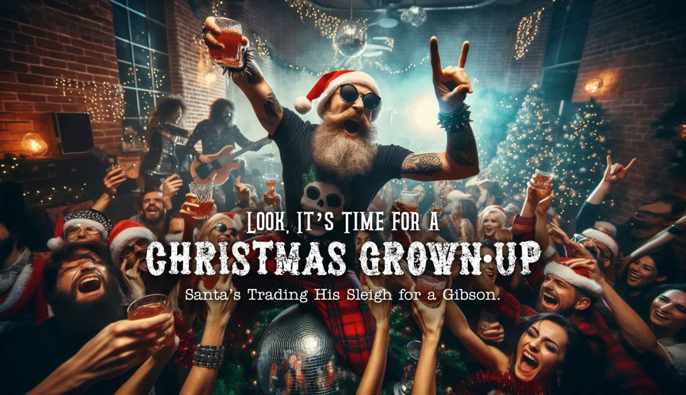 A dynamic, energetic scene at an adults-only Rockstar Santa Christmas party in a loft. A Santa Claus in a rock t-shirt and beanie is crowd-surfing over a sea of cheering guests. The atmosphere is electric, with a disco ball and neon signs lighting up the chaotic, joyful celebration.