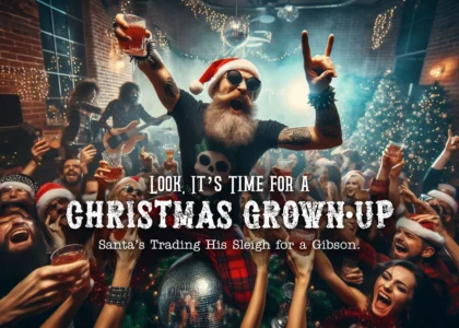 A dynamic, energetic scene at an adults-only Rockstar Santa Christmas party in a loft. A Santa Claus in a rock t-shirt and beanie is crowd-surfing over a sea of cheering guests. The atmosphere is electric, with a disco ball and neon signs lighting up the chaotic, joyful celebration.