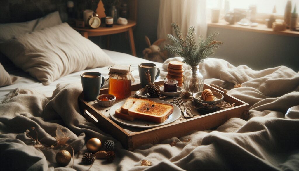 Cozy New Year's Day breakfast in bed, a soft landing after the celebrations.