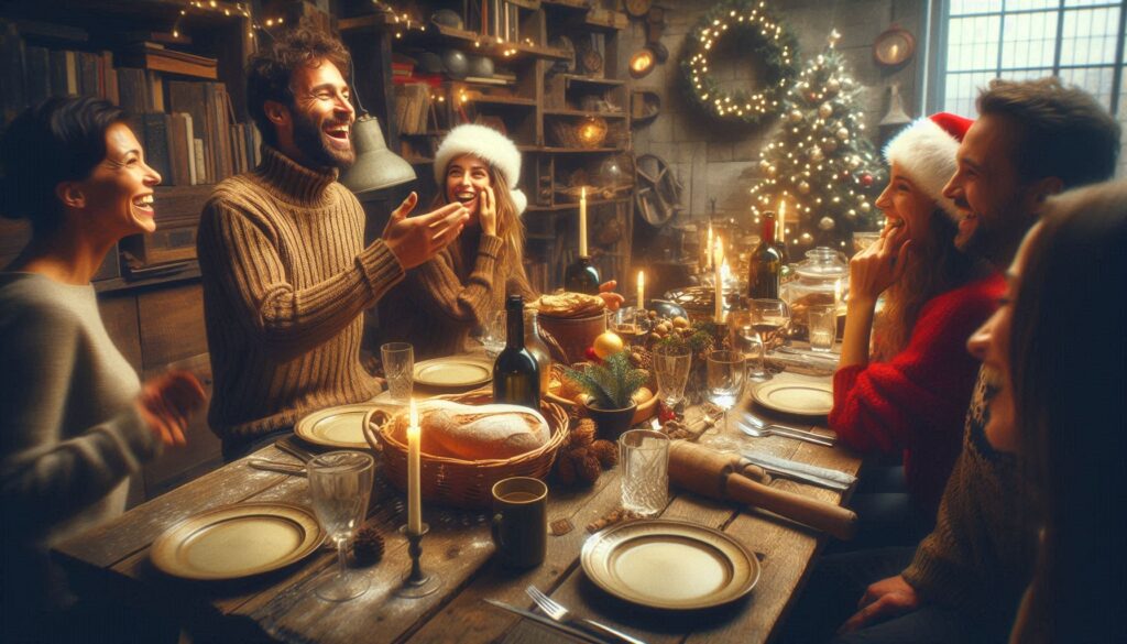 Candid shot of friends laughing at a messy dinner table. Authentic connection over perfection.