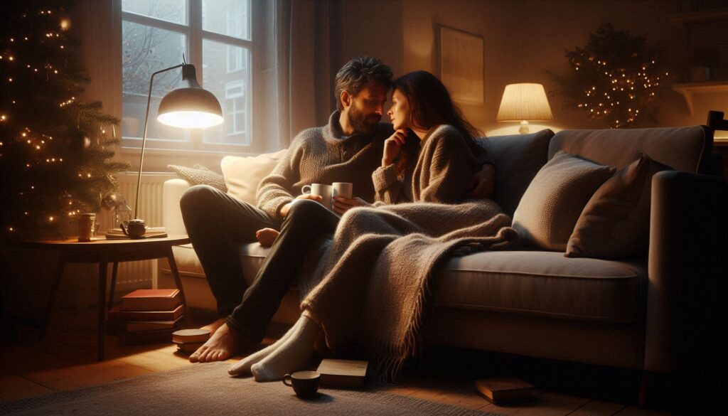 Close-up of two people sharing an intimate, profound conversation on a sofa.