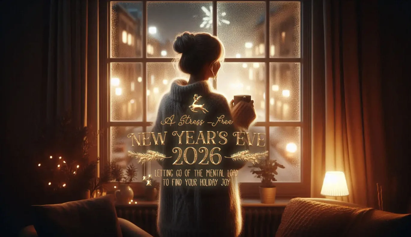 A woman in her 40s looking out a frosty window, holding a mug. Symbolizes a pause from holiday stress.