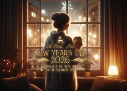 A woman in her 40s looking out a frosty window, holding a mug. Symbolizes a pause from holiday stress.