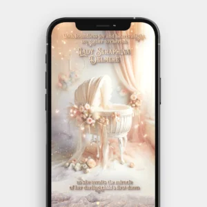 Custom video invitation for a Bridgerton themed baby shower, featuring an elegant watercolor cradle with silk ribbons and lush floral arrangements in Regencycore style.