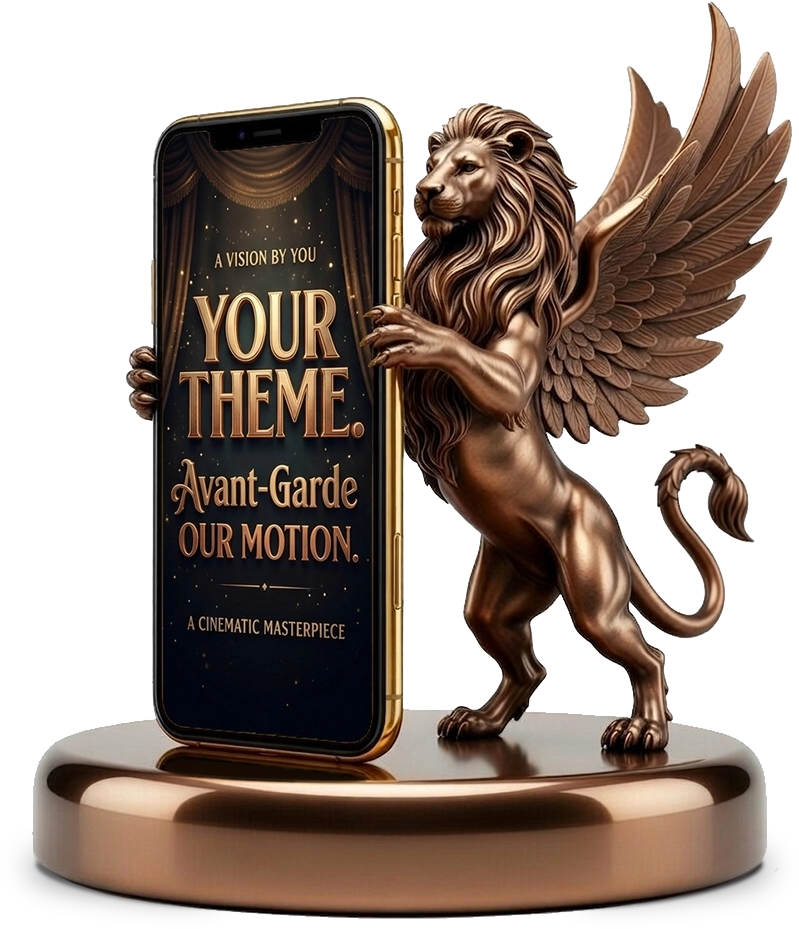 Cinematic custom video invitation display featuring a golden winged lion holding a premium smartphone with "Your Theme" text, representing bespoke digital motion design services for luxury events.