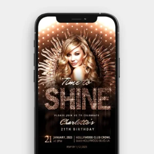 Animated Rose Gold birthday video invitation with copper marquee lights, sunburst frame, and custom photo for a 21st birthday Hollywood party.